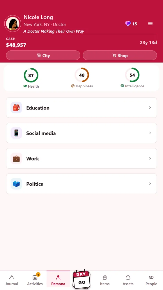 Persona page: education, social media, work, politics