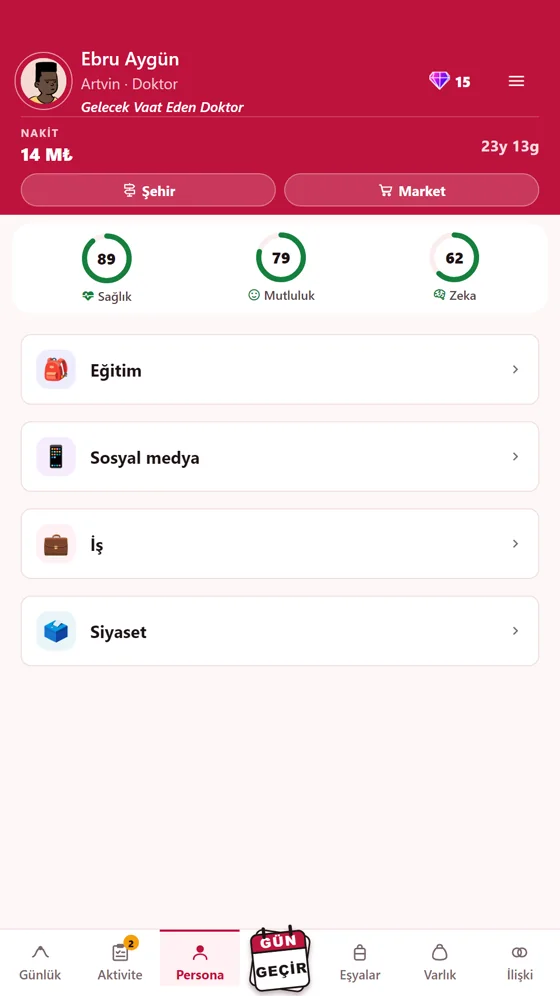 Persona sayfası: eğitim, sosyal medya, iş, siyaset